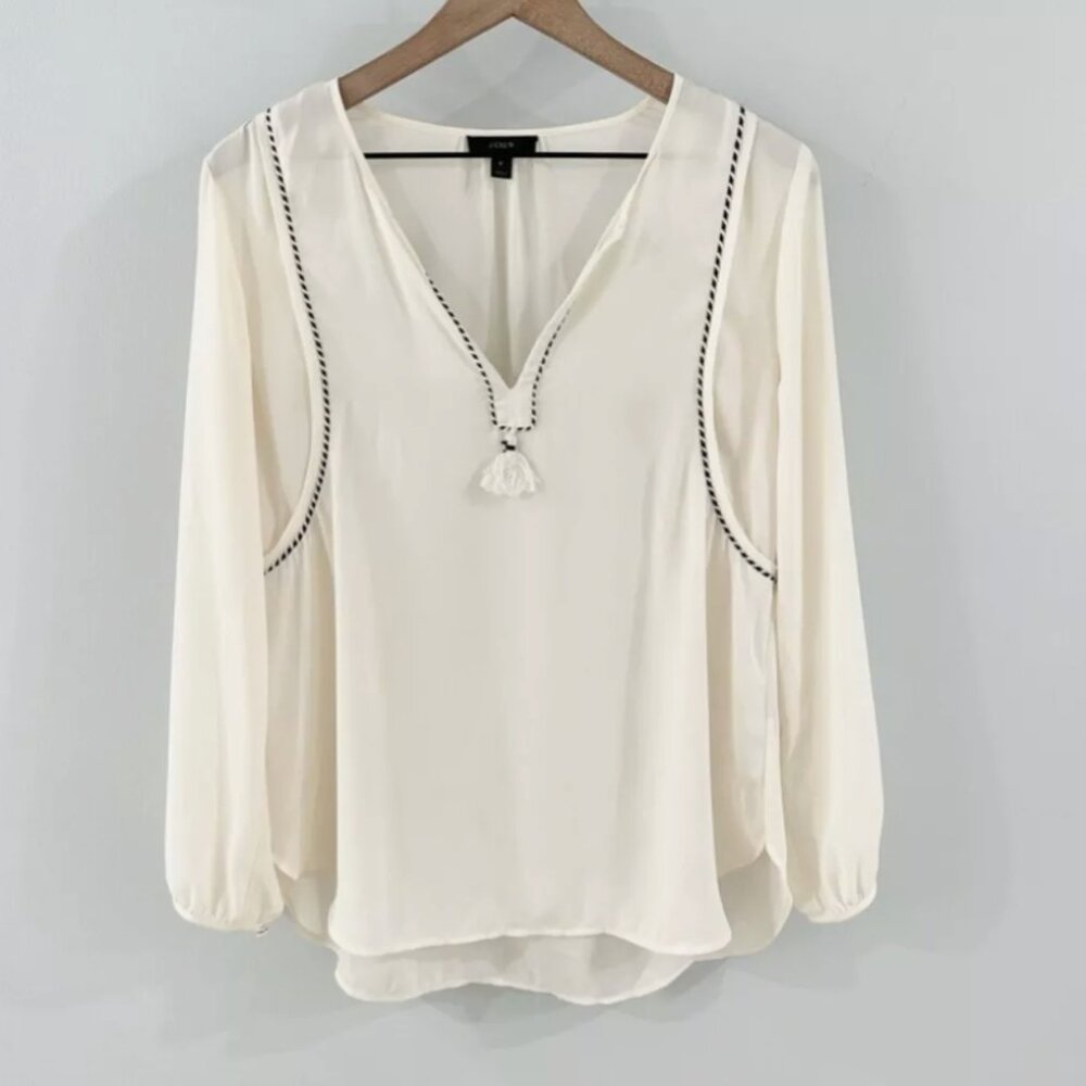 J.Crew Long Sleeve Cream w/ Black Piping Tassel Trim Blouse - Like New - Size 6